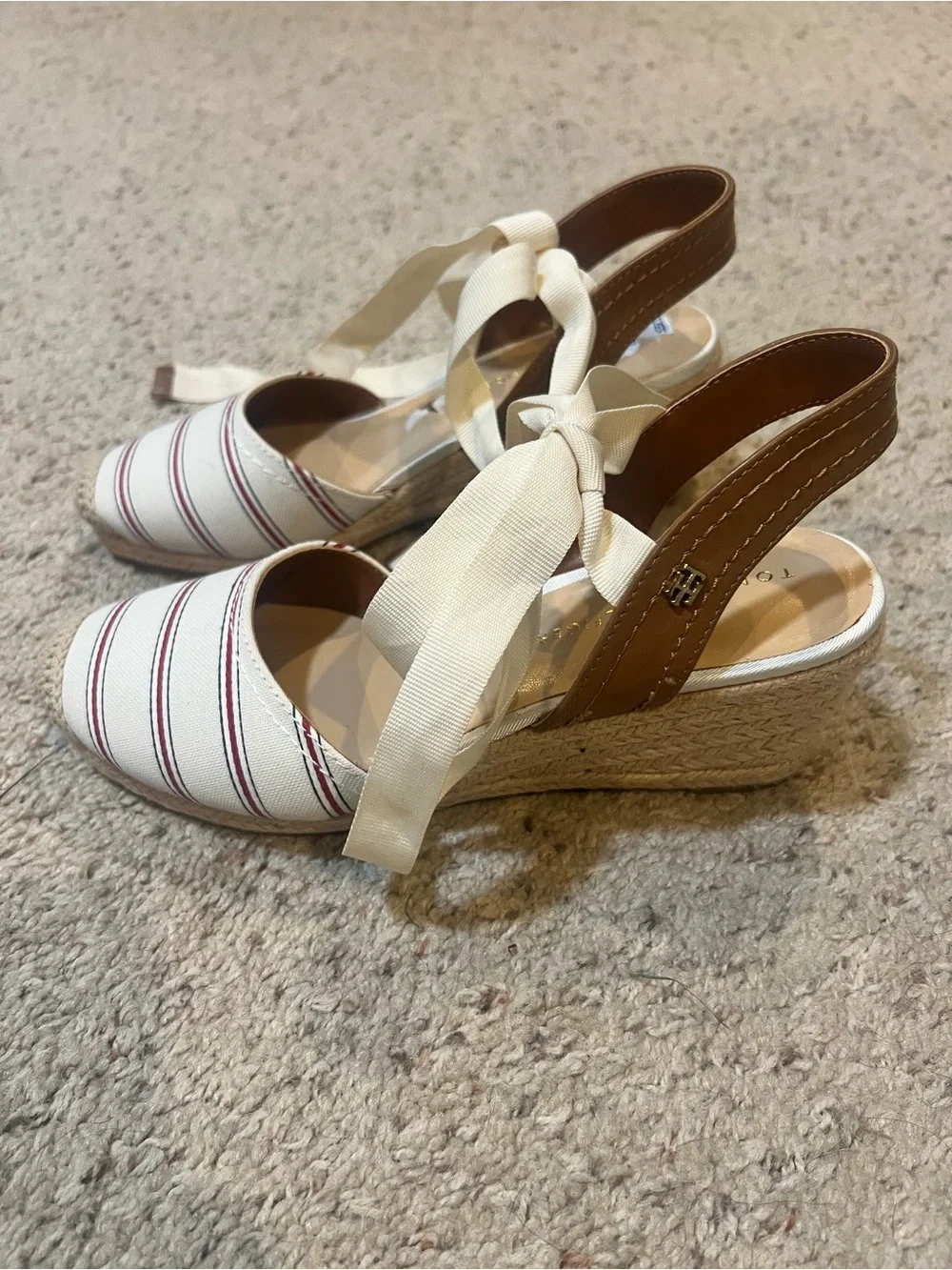 Tommy Hilfiger Cream Striped Espadrille Wedges with Brown Leather Slingback